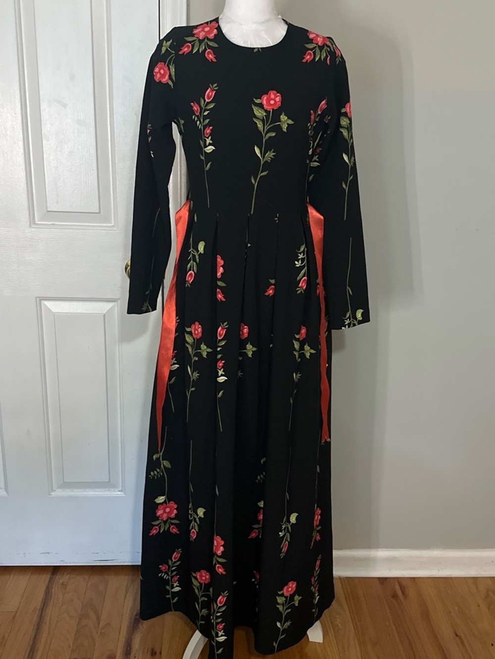 Black Floral Long-Sleeve Maxi Dress with Pink Belt